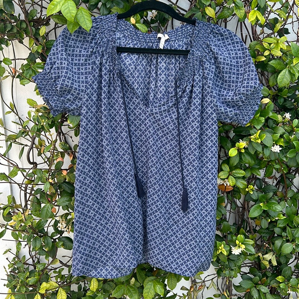 Joie Blue Geo Print Short Sleeve Peasant Blouse